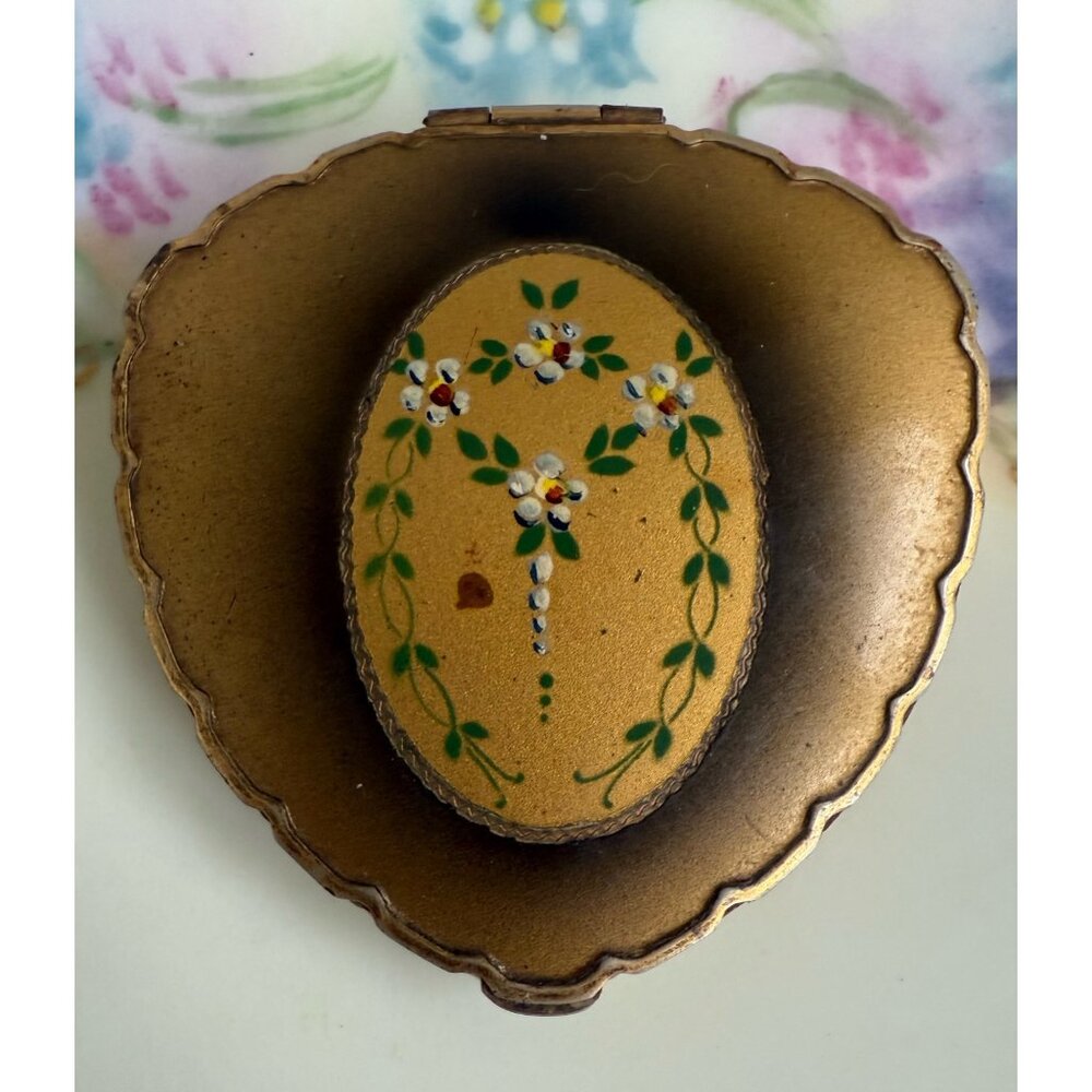 Vintage 1930s Brass Hand Painted Floral Rough Blush Compact/Mirror - Picture 2 of 11